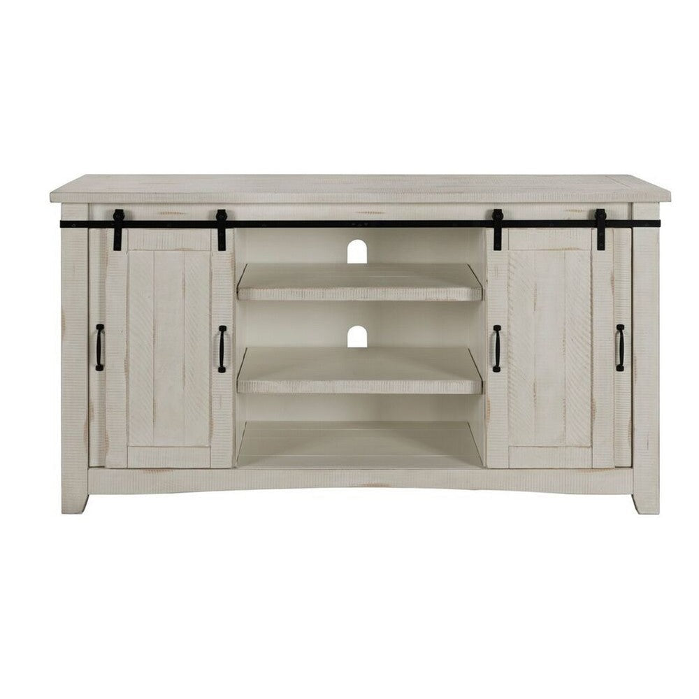 65 Inch Wooden TV Stand with 2 Open Shelves Antique White and Black By Casagear Home BM205998