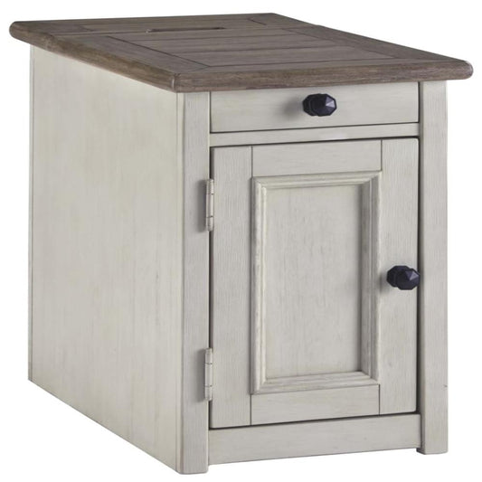 Chair Side Table | 1 Cabinet | Pull Out Tray | White & Brown