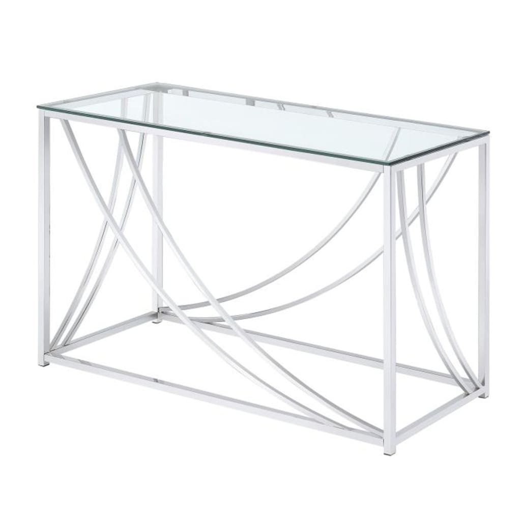 Glass Top Rectangular Sofa Table with Swooping  Curves, Clear and Silver By Casagear Home