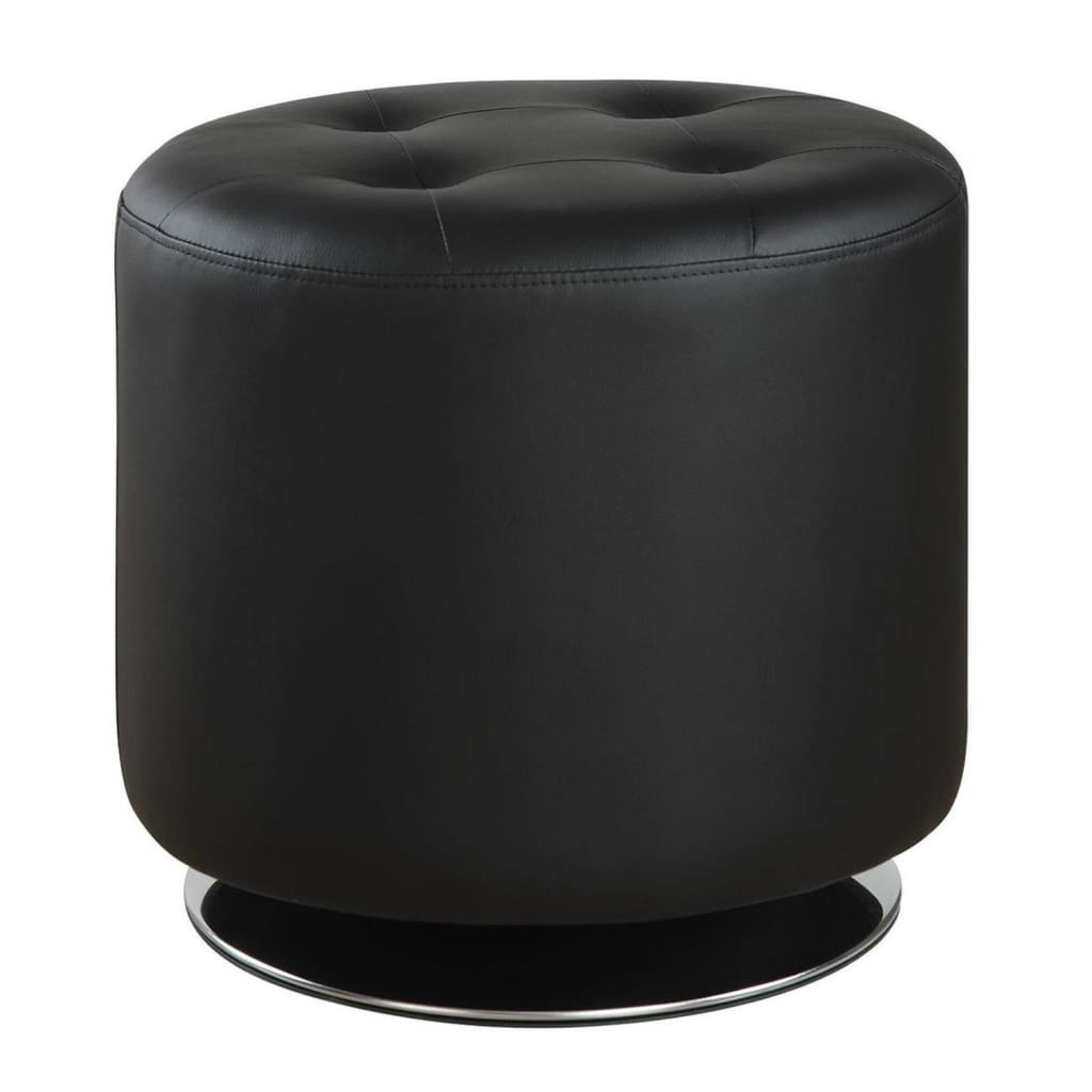 Ottoman | Swivel | Round | Faux Leather | Tufted Seat | Black