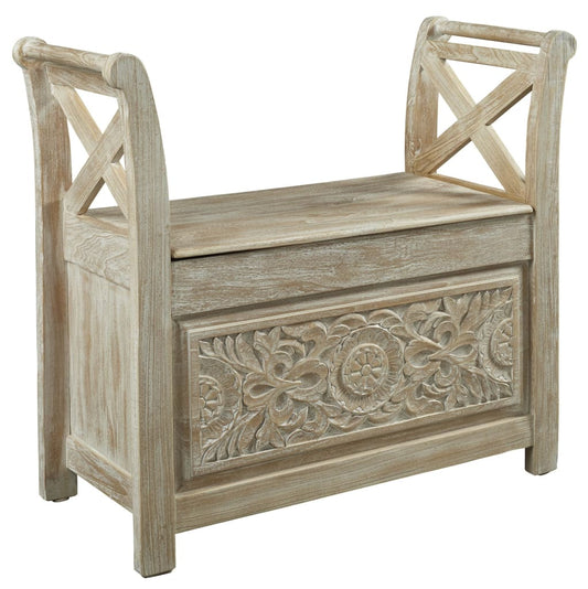 31" Carved Front Bench with Hinged Storage, Brown By Casagear Home