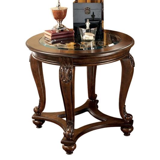 Glass Top Round End Table with Cabriole Legs, Brown By Casagear Home