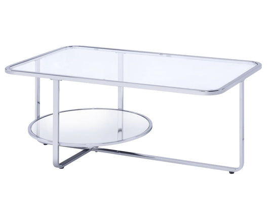 Contemporary Coffee Table with Round Bottom Shelf, Silver and Clear - BM207514 By Casagear Home