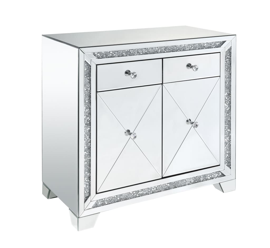 2 Drawer Storage Cabinet with 2 Doors and Faux Diamond Inlay, Silver By Casagear Home
