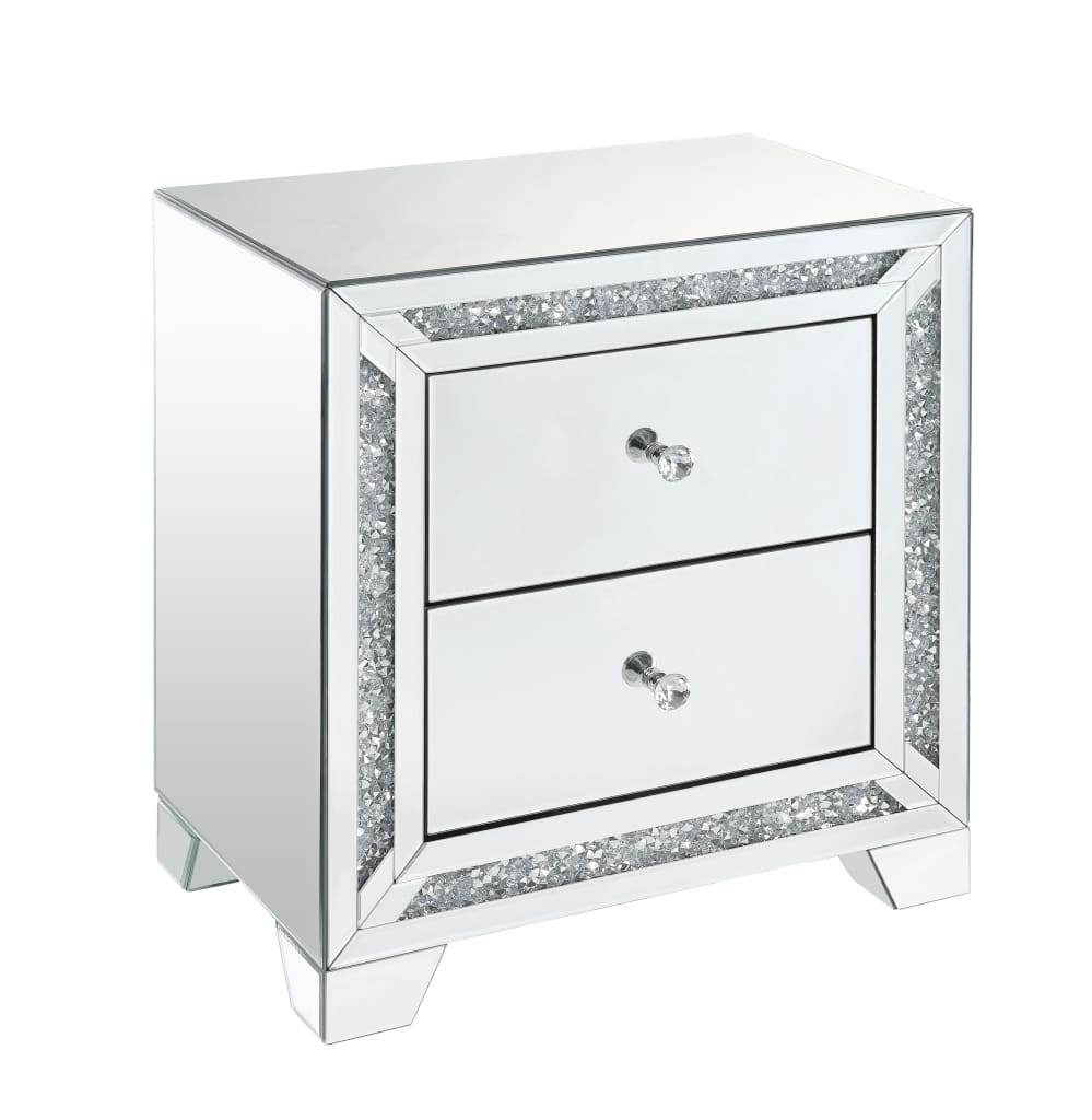 Wooden Night Table with Storage Spaces and Crystal Knobs, Silver - BM207532 By Casagear Home