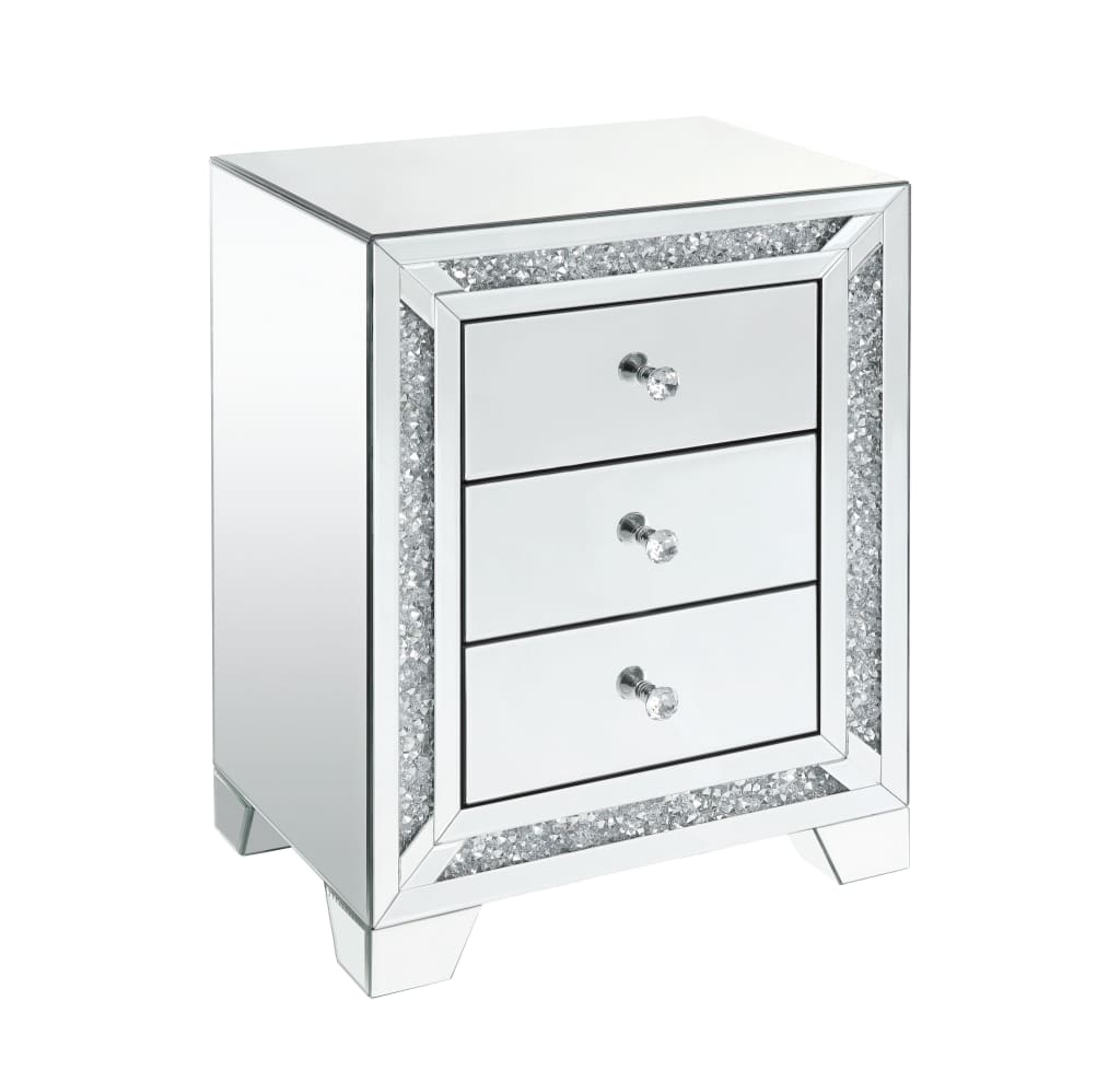Wooden Night Table with Storage Space and Faux Diamonds Inlay, Silver - BM207533 By Casagear Home