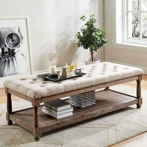 Bench | Button Tufted Seat | Bottom Shelf | 48" | Beige & Brown