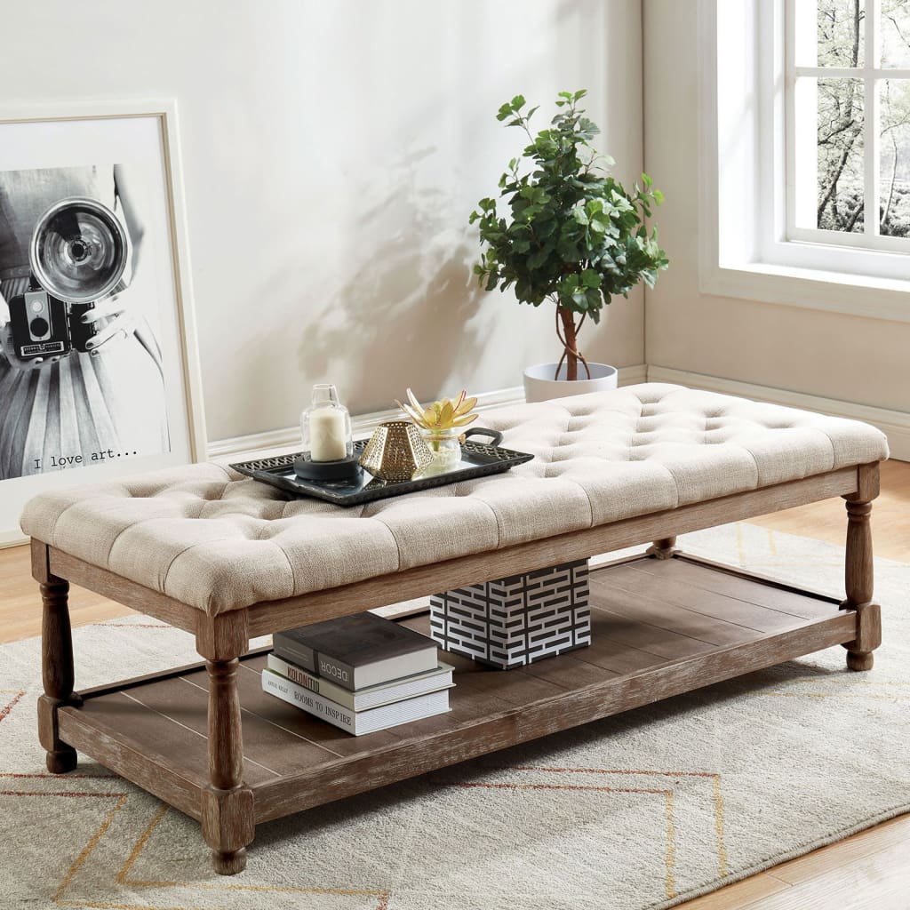 Bench | Button Tufted Seat | Bottom Shelf | 48" | Beige & Brown