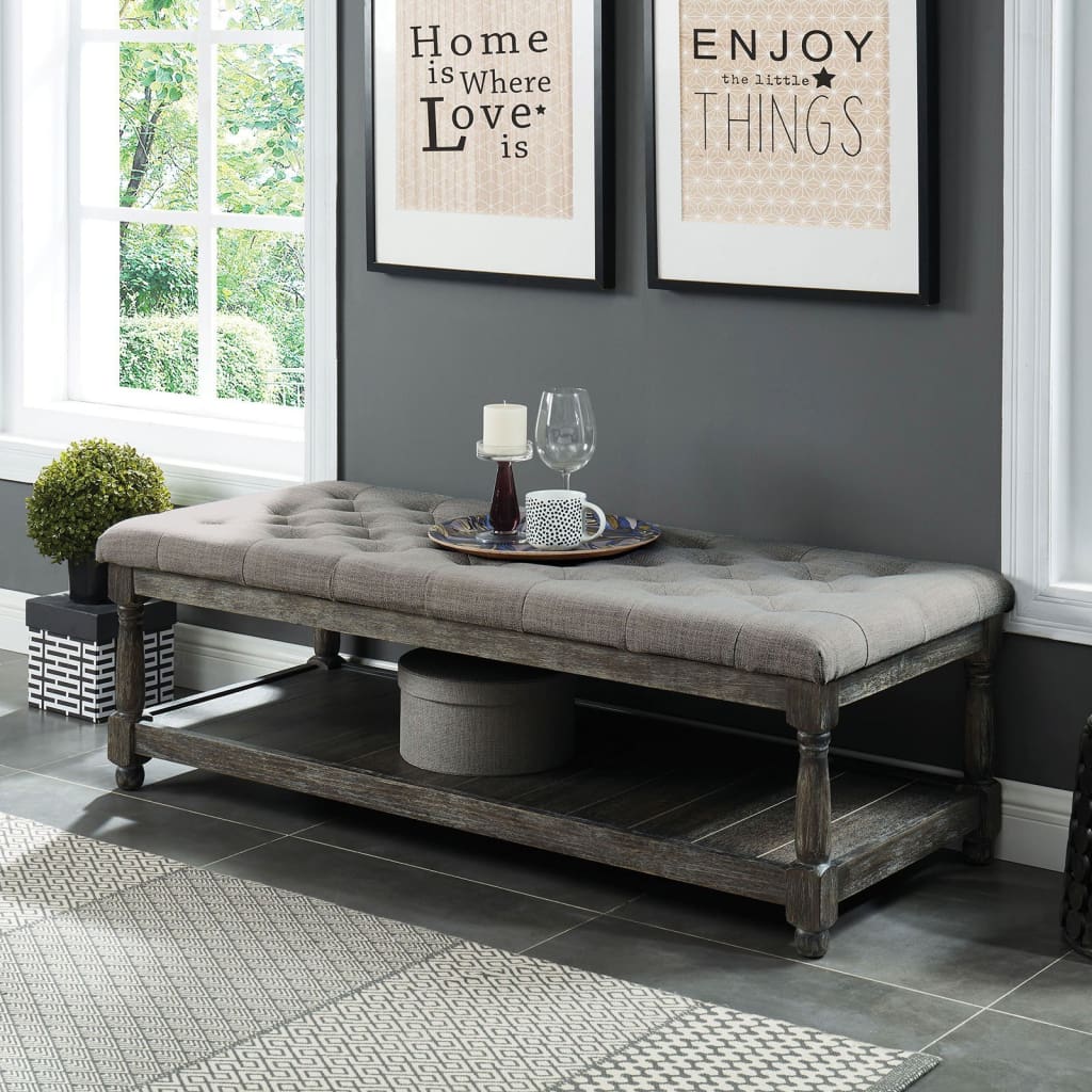 48" Tufted Upholstered Bench with Bottom Shelf, Gray By Casagear Home