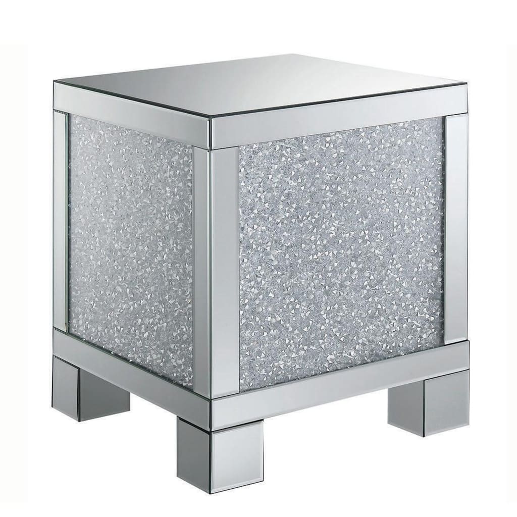 End Table | Infused Crystals | Mirrored Panel | 22" | Silver & Clear