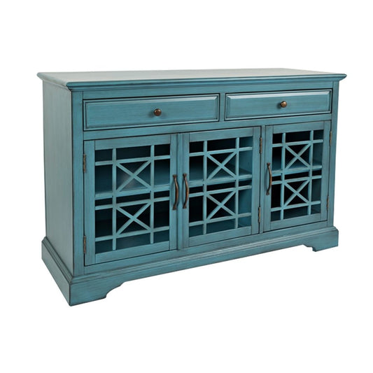 Wooden Media Unit with 2 Drawers and 3 Doors with X Motif Details, Blue By Casagear Home
