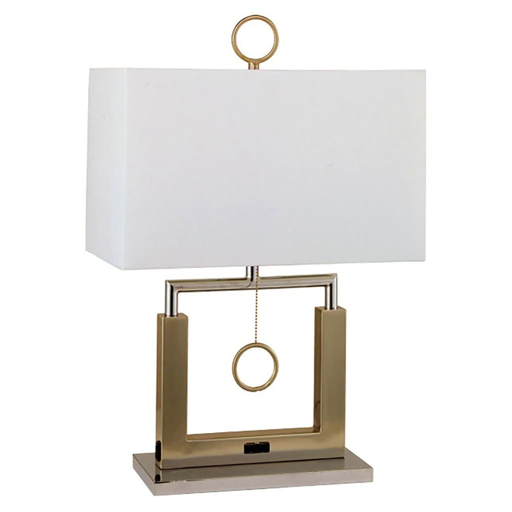 27 Inch Square Table Lamp, Pull chain Switch, Metal Frame, White, Gold By Casagear Home