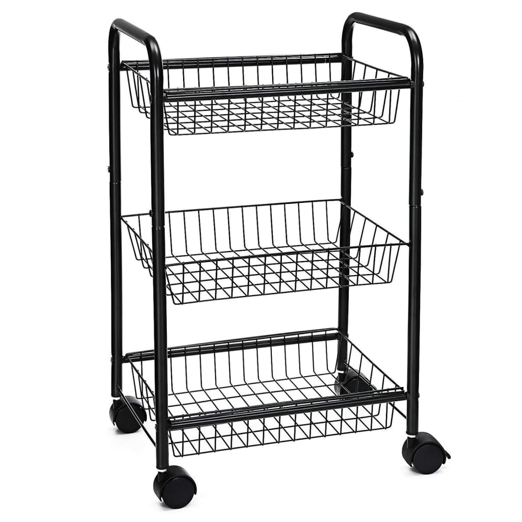 3 Tier Metal Mesh Basket Kitchen Cart with Casters, Black By Casagear Home