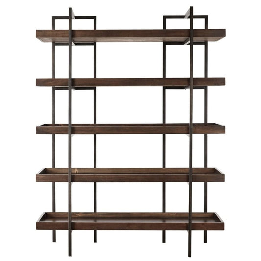 Ashley Bookcase with 5 Fixed Wooden Shelves and Metal Frame, Brown and Black