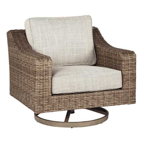 Swivel Chair | Resin Wicker | Cushioned Seat | Brown & Beige