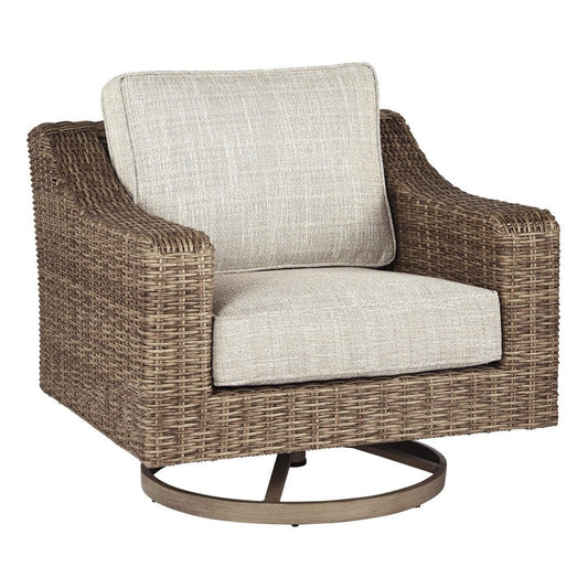 Resin Wicker Woven Swivel Chair with Cushioned Seat, Brown and Beige By Casagear Home
