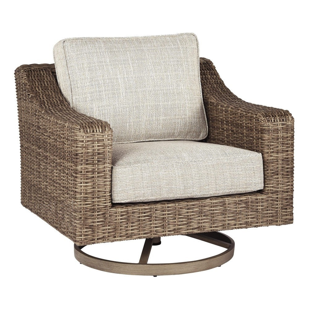 Swivel Chair | Resin Wicker | Cushioned Seat | Brown & Beige
