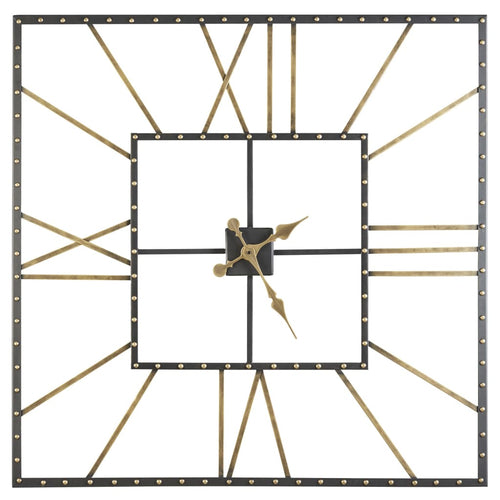 Wall Clock | Square Metal Frame | Roman Numerals | Black & Gold