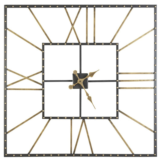 Wall Clock | Square Metal Frame | Roman Numerals | Black & Gold
