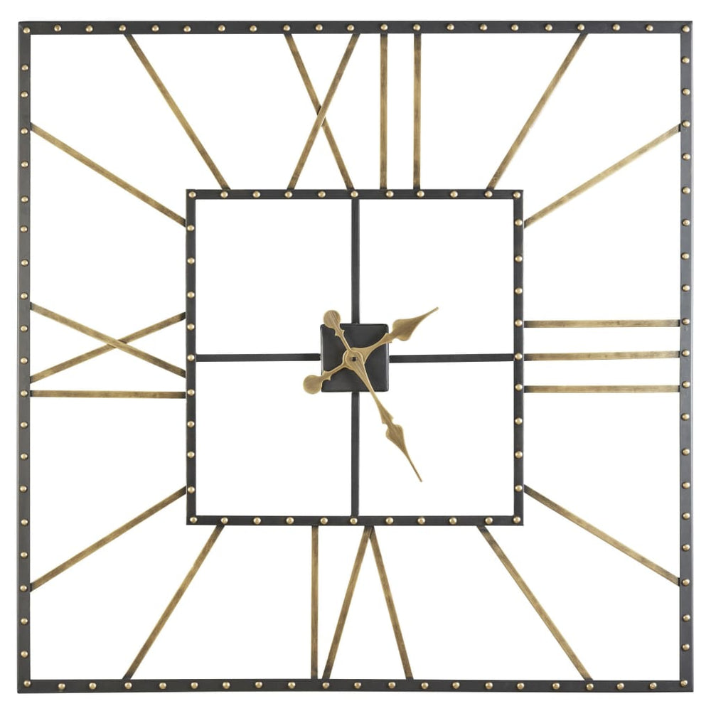 Wall Clock | Square Metal Frame | Roman Numerals | Black & Gold