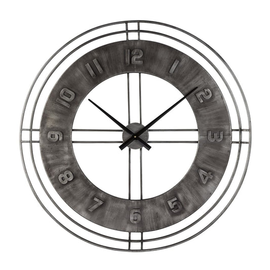 Wall Clock | Industrial Round Metal | Roman Numerals | Gray