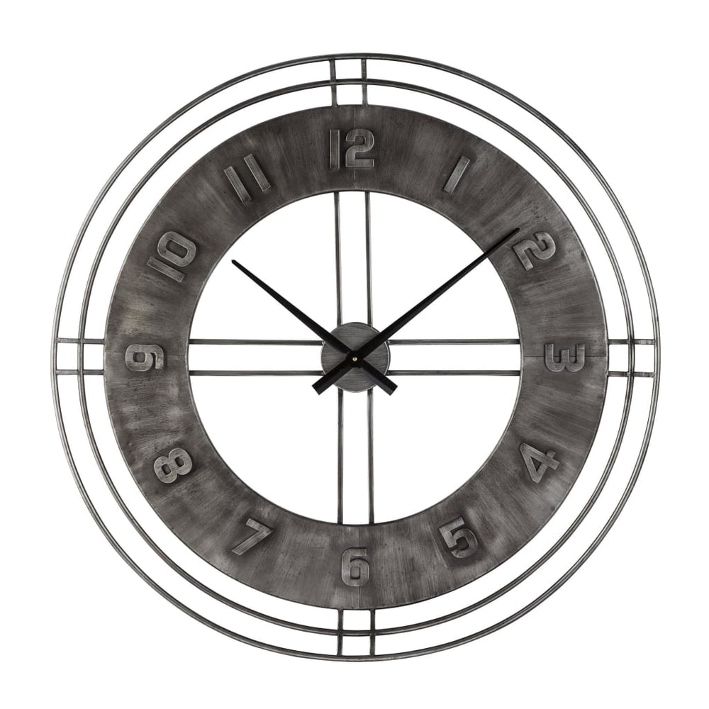 Wall Clock | Industrial Round Metal | Roman Numerals | Gray