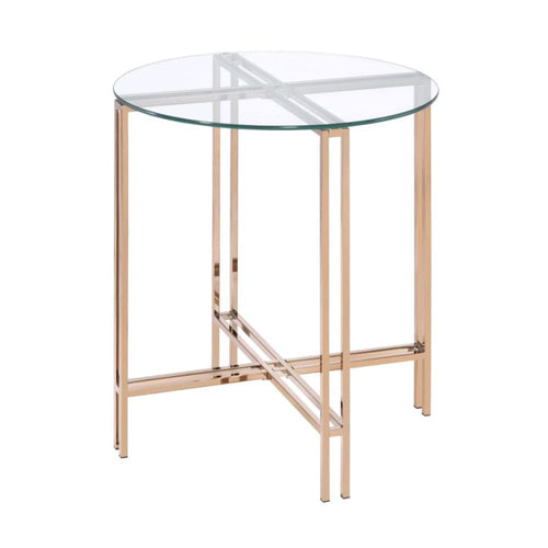 End Table | X Metal Base | 22" Round Glass Top | Gold
