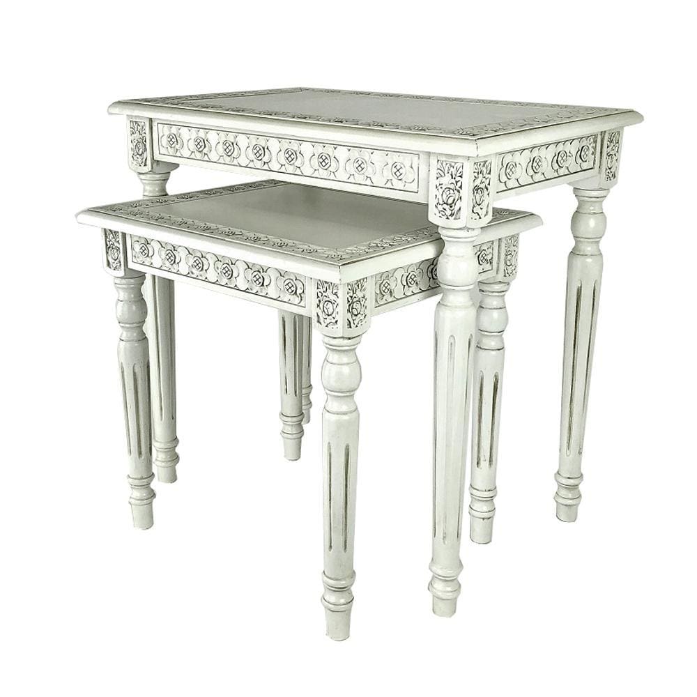 Nesting Table | Engraved Wood Frame | Set of 2 | Antique White