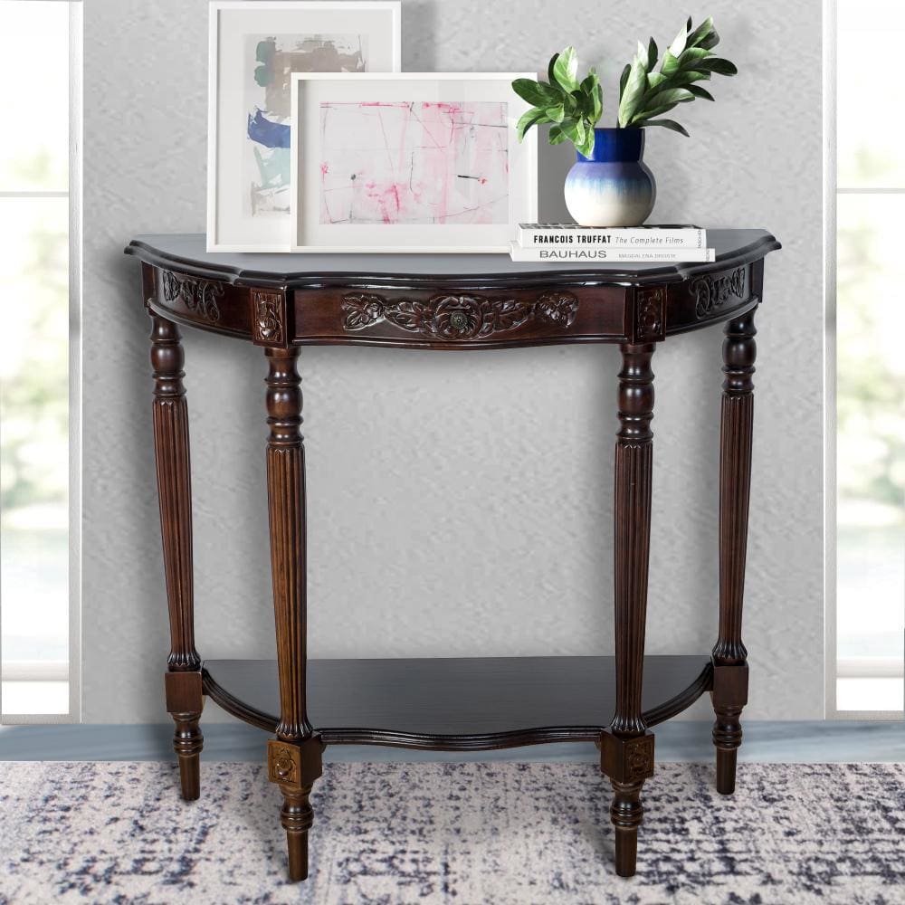 Console Table | Half Crescent | 1 Drawer | Engraved Wood | Brown