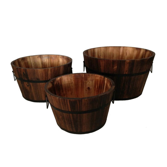 Round Wooden Plank Style Planter with Handle, Set of 3, Brown By Casagear Home