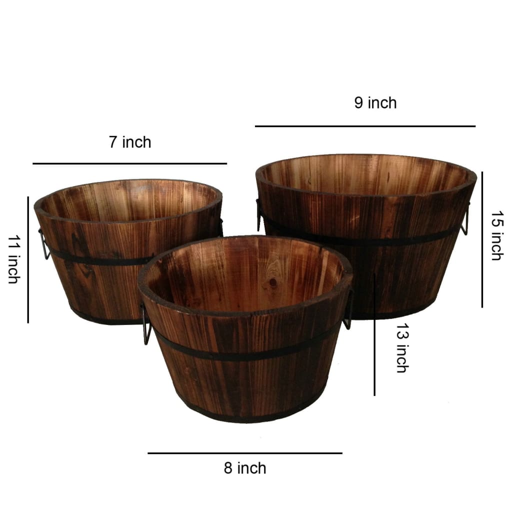 Round Wooden Plank Style Planter with Handle Set of 3 Brown By Casagear Home BM210386