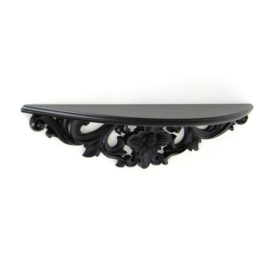 24" Hand Carved Wooden Half Moon Shape Wall Shelf, Black By Casagear Home