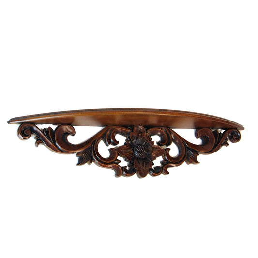 24" Hand Carved Wooden Half Moon Shape Wall Shelf, Brown By Casagear Home