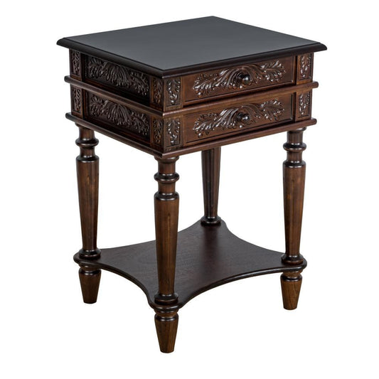 26" Intricately Carved 2-Drawer End Table with Shelf, Brown By Casagear Home