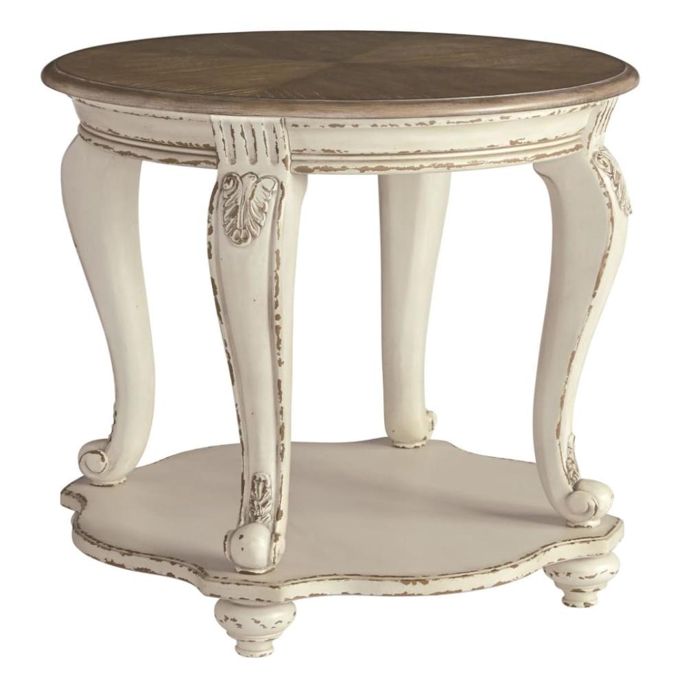 End Table | Round Wood | Open Bottom Shelf | Brown & White