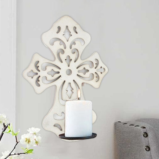 Cross Shaped Wooden Candle Holder with Scrolled Engravings, White By Casagear Home