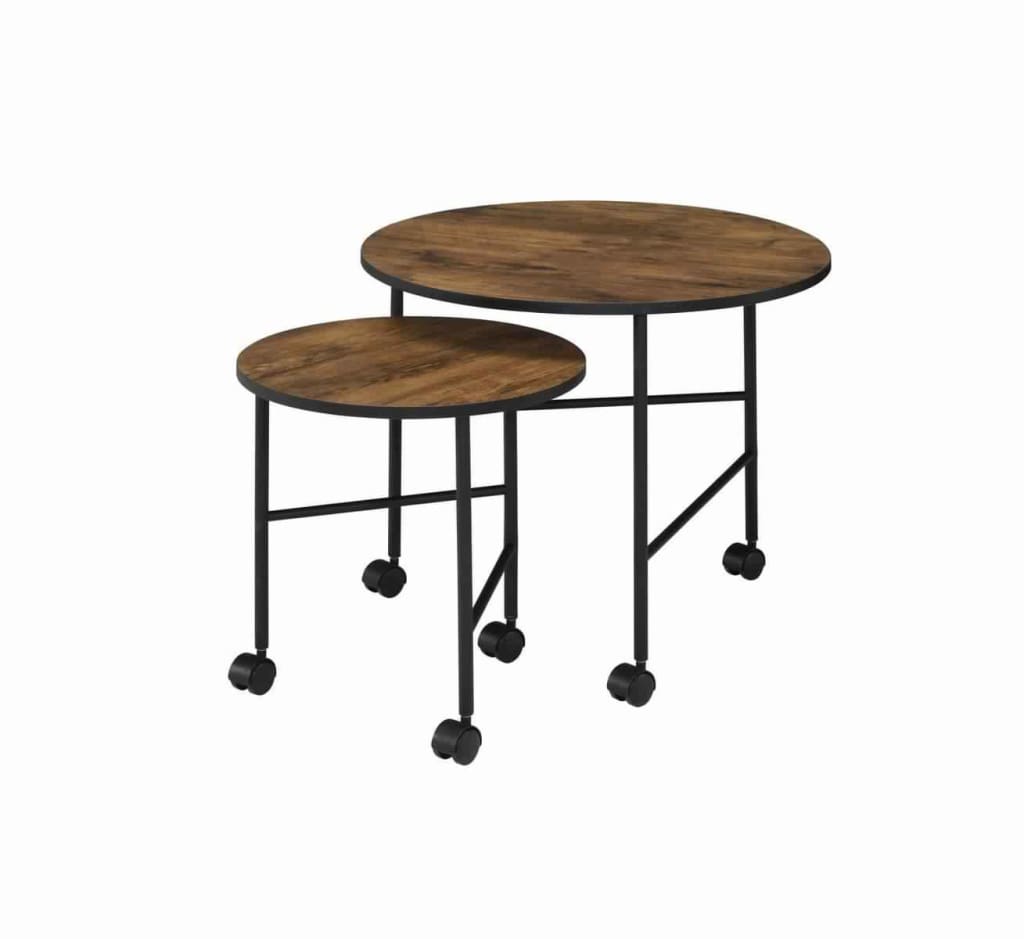2 Piece Round Nesting Table Set With Casters, Oak Brown and Black By Casagear Home