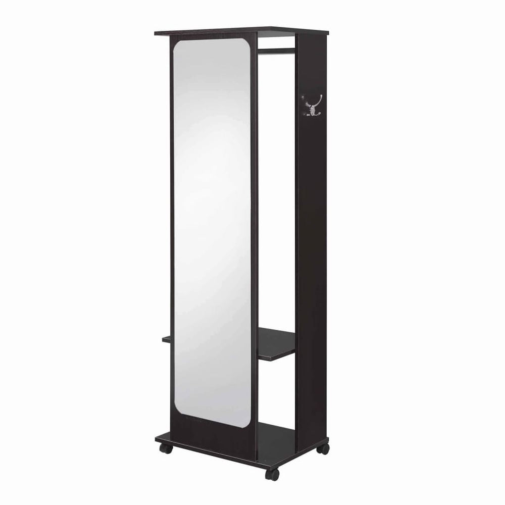 Hall Tree | Mirror & Wood | Hanging Rod | Casters | Brown & Silver