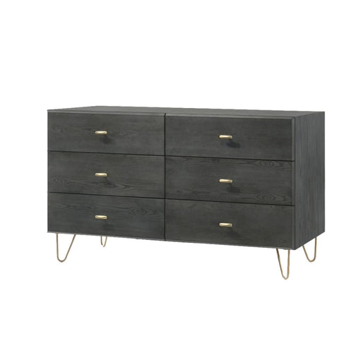 Dresser | Wood | 6 Drawers | Hairpin Legs | Gray & Gold