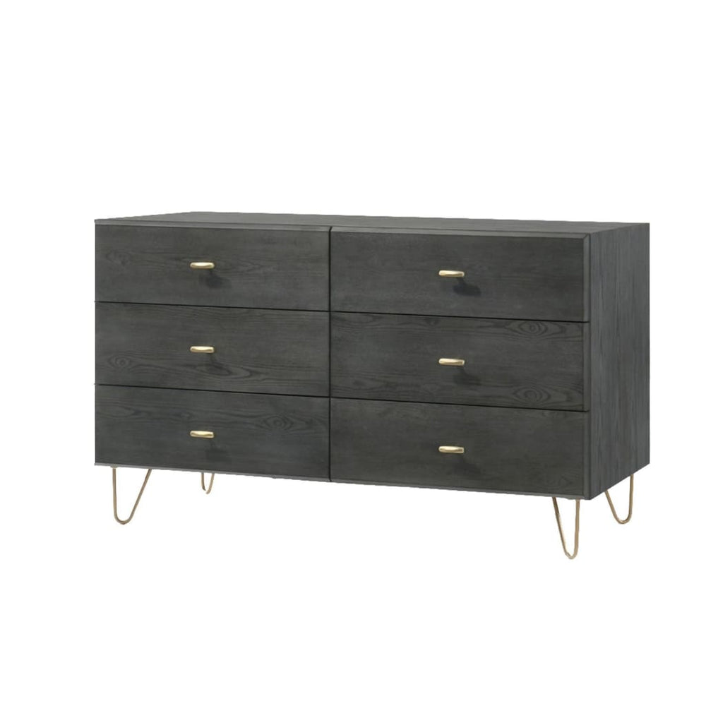 Dresser | Wood | 6 Drawers | Hairpin Legs | Gray & Gold