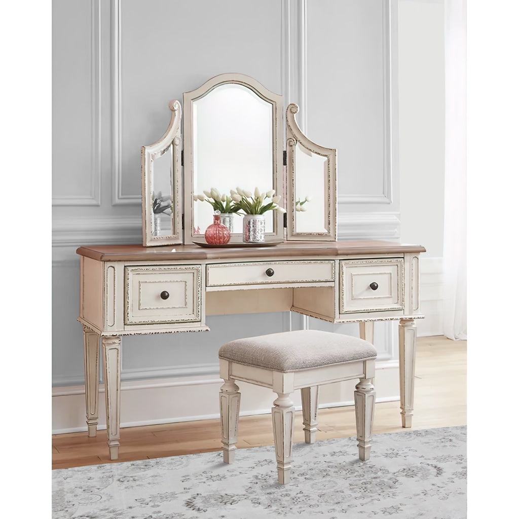 3 Drawer Vanity Set with Trifold Mirror White and Brown By Casagear Home BM213248