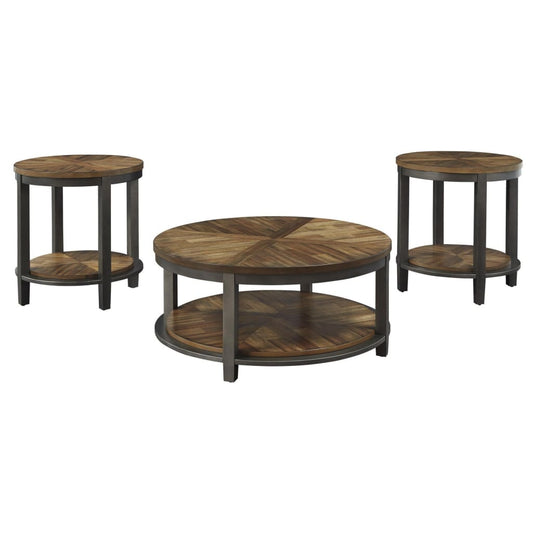 3 Piece Wood Top Round Table Set with Bottom Shelf, Brown By Casagear Home