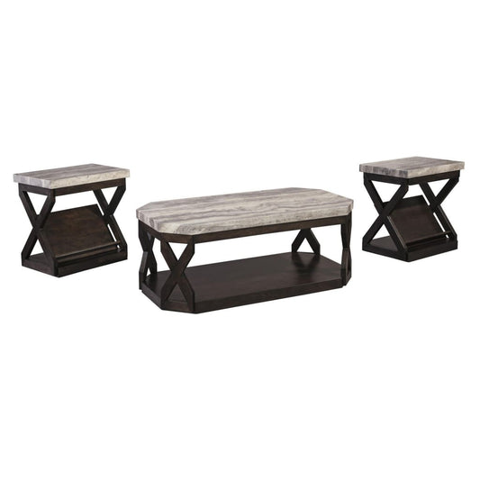 3 Piece Faux Marble Top Table Set, Gray and Brown By Casagear Home