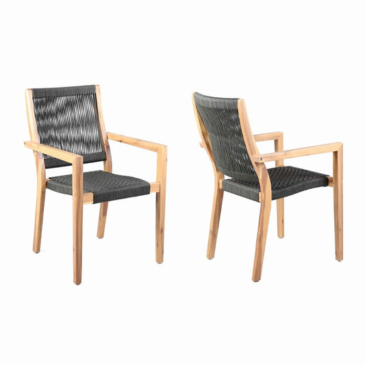 27 Inch Wood Outdoor Dining Side Chair, Fishbone Weave, Set of 2, Black By Casagear Home