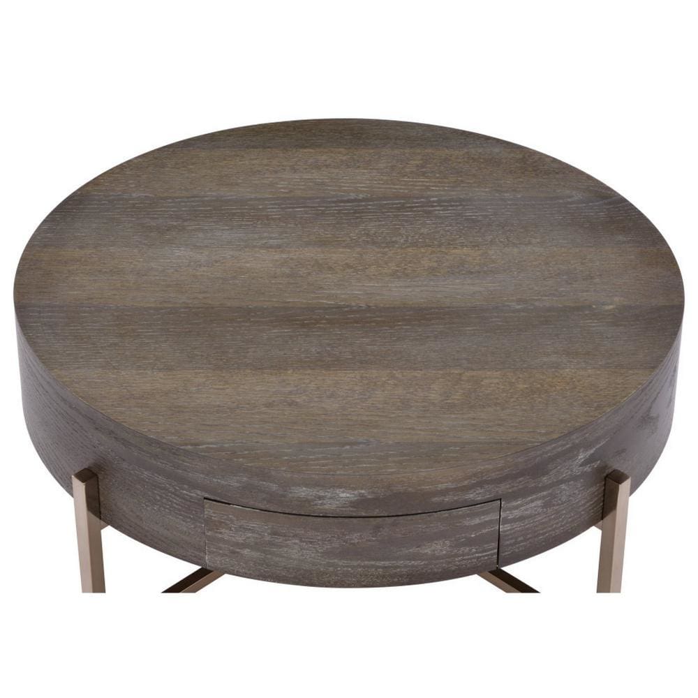 1 Drawer Round Modern Coffee Table with Crossed Metal Legs Brown and Gold By Casagear Home BM215037