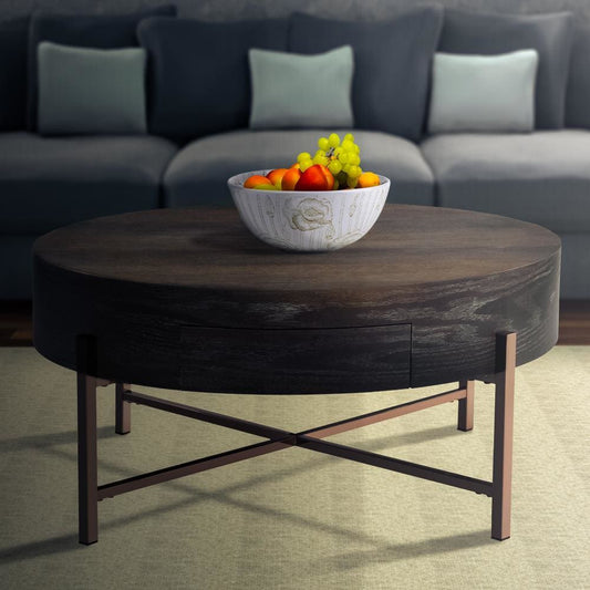1 Drawer Round Modern Coffee Table with Crossed Metal Legs, Brown and Gold By Casagear Home