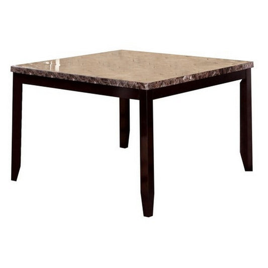 54 Inch Square Counter Height Table, Faux Marble Tabletop, Brown By Casagear Home