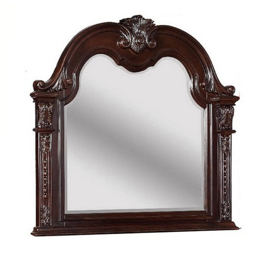 Traditional Wooden Crown Top Mirror with Intricate Carving, Brown By Casagear Home