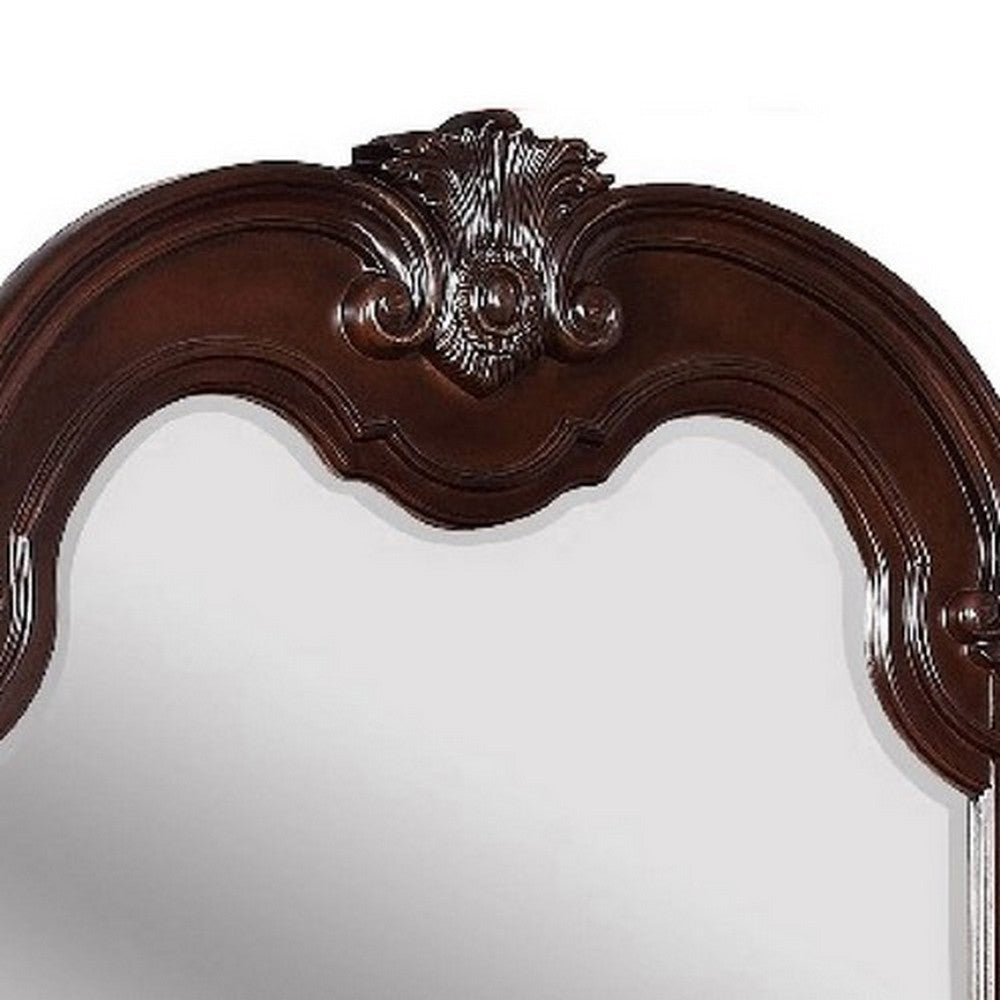 Traditional Wooden Crown Top Mirror with Intricate Carving Brown By Casagear Home BM215350