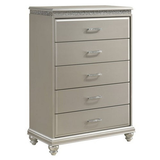 53 Inch 5 Drawer Tall Dresser Chest, Faux Diamond Inlay, Champagne Silver By Casagear Home